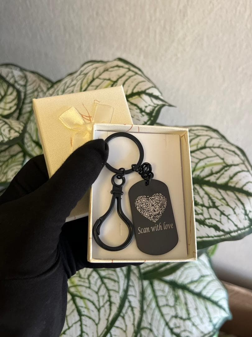 Personalized Matte Black Dog Tag Keychain with Heart QR Code
